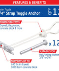 Heavy Duty Master Toggle Bolts Kit 12 Pack With 12 Steel Threaded Studs For 1/4-20 Fasteners Grip Range 3/8-5/8 Inch Drywall Holding 240 Lb At 3/8-1/2 And 300 Lb At 5/8 Ideal For Wall Mounts TVs Sound Systems Cabinets, showing toggle anchor and features.