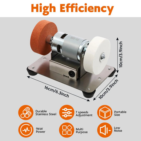 Compact Mini Bench Grinder With An All Brass Brushless Motor And Rock Solid Steel Frame, heavy duty 10cm polishing wheels.