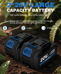 Cordless Garden Tiller 20V No Cord Hassle With 8.6 Inch Cultivator Head, includes two 4.0Ah battery packs placed on soil.