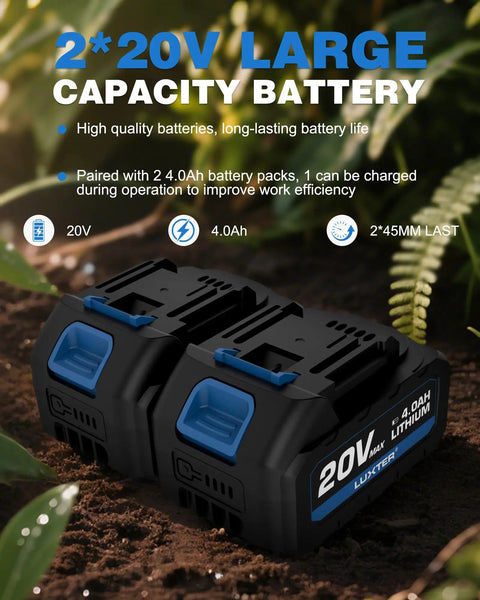 Cordless Garden Tiller 20V No Cord Hassle With 8.6 Inch Cultivator Head, includes two 4.0Ah battery packs placed on soil.