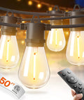 Energy Saving Led Outdoor String Lights With Edison Shatterproof Bulbs, Weatherproof Strand, shown lit with remote control.