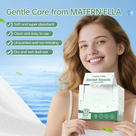 Front view: Matern'ella disposable facial towels, XL, 50-count box, plant-based, lint-free wipes.