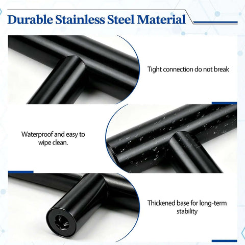 Matte Black Cabinet Handles 4 Pack, Three and Three Quarter Inch Hole Center Kitchen Cabinet Pulls detail view showing stainless steel T bar