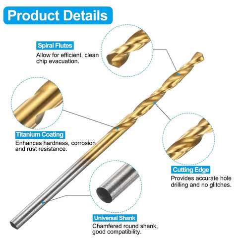 Close-up of titanium coated HSS 6542 drill bit showing spiral flutes, cutting edge, and universal shank for precise holes.