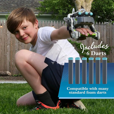 Ultra Bionic Blaster Stem Kit Build A Dope Wearable Air Powered Glove Blaster Learn Pneumatic Systems And The Physics Of Air No Motors Needed Adjustable Fit For All Hands Includes Six Foam Darts child wearing wearable air-powered glove blaster with six foam darts