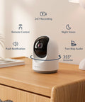Indoor Pet Camera For Home, Baby Monitor And Dog Camera With Night Vision, 2-Way Audio, 360 PTZ Remote Control on table