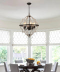 Farmhouse Rustic Chandelier With ORB Finish And Oak Tone, 6 Light Vintage Antique Pendant Light Fixture in bright dining room
