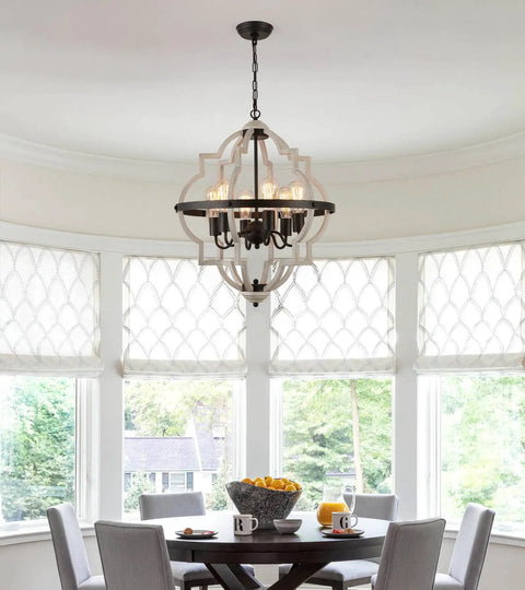 Farmhouse Rustic Chandelier With ORB Finish And Oak Tone, 6 Light Vintage Antique Pendant Light Fixture in bright dining room