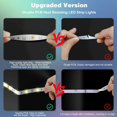 Comparison of double PCB and single PCB on Waterproof LED Lights For Bedroom Smart WiFi 65.6Ft 600 LEDs Dope RGB Music Sync 5050 Strip Lights