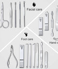 18 Piece Pro Grade Nail Care Set with Stainless Steel Manicure Pedicure Tools for Men and Women displayed for facial, foot, and hand care