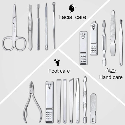 18 Piece Pro Grade Nail Care Set with Stainless Steel Manicure Pedicure Tools for Men and Women displayed for facial, foot, and hand care