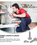 Man installing Spring Loaded Plunger Knob on a dishwasher, showcasing Two Pack Straight Up Heavy Duty Knurled Knobs And Indexing Plungers Quick Release Pins Spring Loaded Toolbox Locking Screws Silver Retractable Hardware Ideal For Garage Projects.