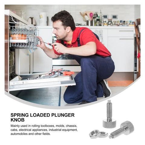 Man installing Spring Loaded Plunger Knob on a dishwasher, showcasing Two Pack Straight Up Heavy Duty Knurled Knobs And Indexing Plungers Quick Release Pins Spring Loaded Toolbox Locking Screws Silver Retractable Hardware Ideal For Garage Projects.