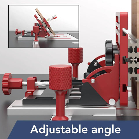 Heavy Duty Adjustable Table Saw Push Block With No Slip Vertical Grip Aluminum Alloy Featherboard Backer Anti Kickback Guard showing adjustable angle mechanism.