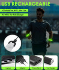 Male runner wearing Rechargeable LED Armband Set for Night Safety, glowing green, with USB charging options displayed.