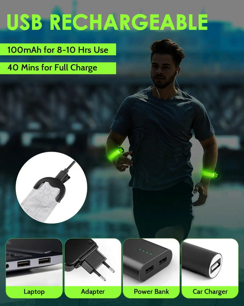 Male runner wearing Rechargeable LED Armband Set for Night Safety, glowing green, with USB charging options displayed.