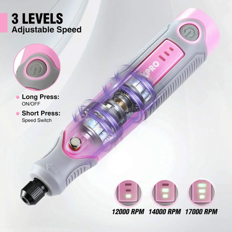 Cordless Rotary Tool Kit With 71-Piece Accessory Set, 3 Speeds, USB Rechargeable Mini Rotary Tool For Engraving, Sanding, Polishing, Carving, Cutting, And DIY Crafts - Pink Ribbon showing speed controls and settings.