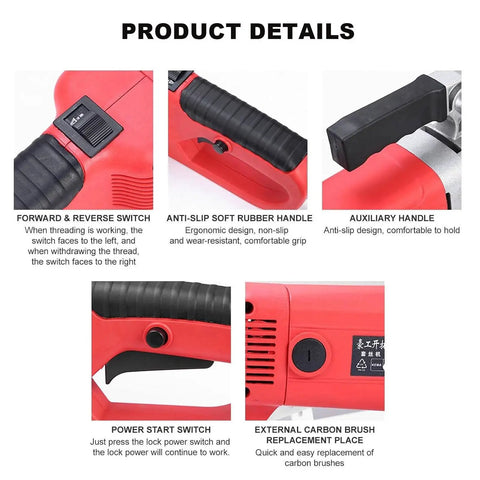 Workhorse Electric Pipe Threader Running A Mighty 2300W Motor With Easy Change Dies For Half To Two Inch Pipe features ergonomic controls and handles.