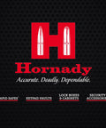 Hornady logo with red letter H, featuring bullet icons and text "Accurate. Deadly. Dependable." against a dark background.