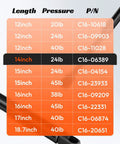 14 Inch 24 Pound Gas Struts Two Pack specifications table showing lift pressure and part numbers for truck and toolbox use.