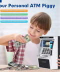 Child using Realistic ATM Piggy Bank For Kids With Real Money Deposits Debit Card Bill Feeder Coin Recognition Balance Calculator