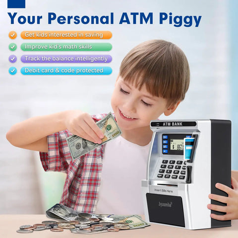 Child using Realistic ATM Piggy Bank For Kids With Real Money Deposits Debit Card Bill Feeder Coin Recognition Balance Calculator