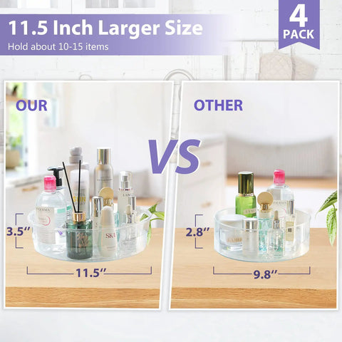 Comparison of 4 Pack 11.5 Inch Clear Lazy Susan Organizer with 360 Degree Turntable, raised edge, and handles