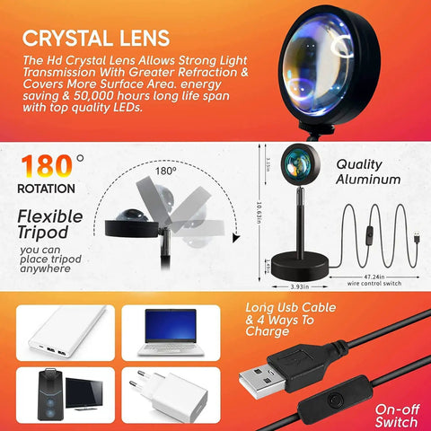 Sunset Lamp Projector LED Night Light With 180 Degree Rotation Rainbow Projection USB Powered Romantic Visual Light features.