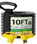 Coiled NEMA 14-50P to NEMA 14-50R 50 Amp RV and EV Extension Cord 10 Ft Outdoor Heavy Duty with grip handle and yellow connectors