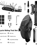 Waterproof Bicycle Seat Bag With Built In Pump And 15 In 1 Tool Kit Portable Bike Repair Bag with tools displayed
