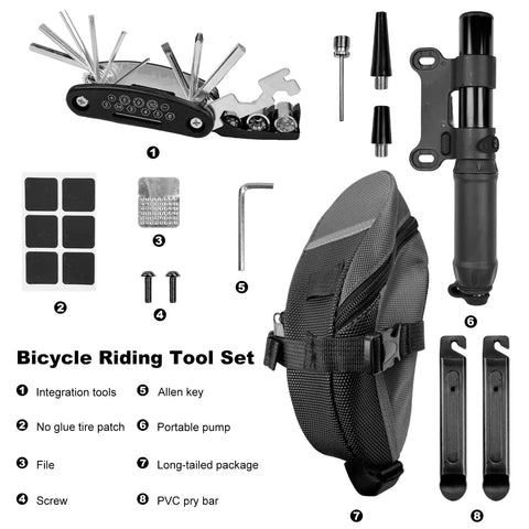 Waterproof Bicycle Seat Bag With Built In Pump And 15 In 1 Tool Kit Portable Bike Repair Bag with tools displayed