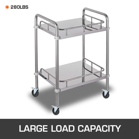 280 lbs capacity stainless steel cart with caster wheels, dual shelves, large load capacity label