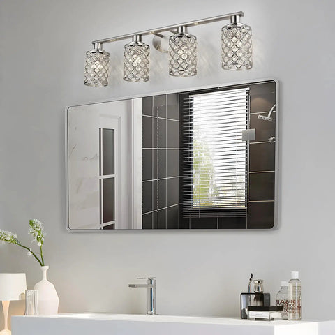 4 Light Vanity Light Fixture in Brushed Nickel With Crystal Shade over bathroom mirror, modern farmhouse style