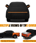 Front view of Kistrba cab car cover for mid-size crew-cab pickup; black with orange stripe.