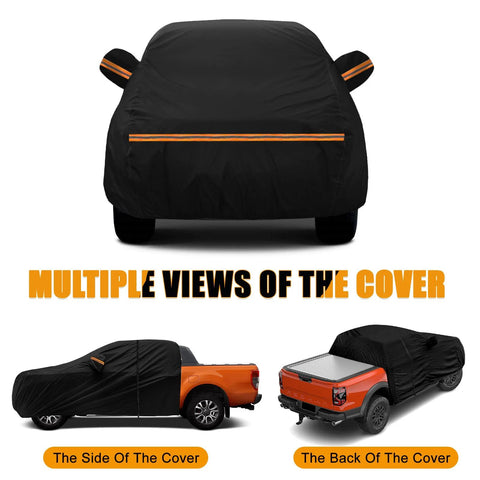 Front view of Kistrba cab car cover for mid-size crew-cab pickup; black with orange stripe.