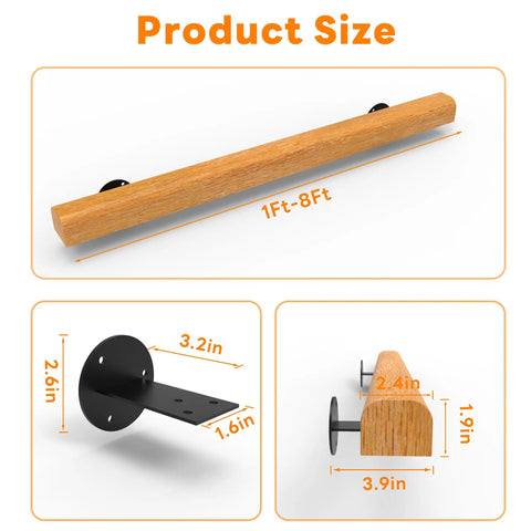 Tough As Nails 2 Feet Wooden Stair Handrail Wall Mount, solid pine railing with size details for indoor outdoor use.