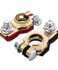Pure Copper Battery Terminal Connectors Two Pack Heavy Duty Wiring Lugs with chrome bolts, suitable for automotive use.
