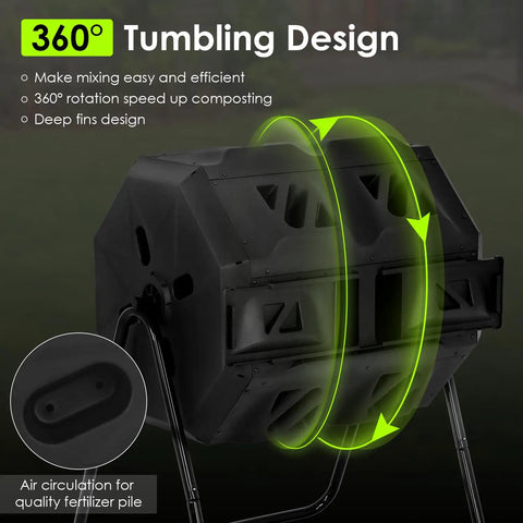 43 Gallon Outdoor Tumbling Compost Bin With Dual Chamber Sliding Doors For Garden And Patio, 360 Degree Rotary Tumbler