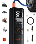 Straight Fire Heavy Duty Cordless Tire Inflator With Analog Pressure Gauge 150 Psi Portable Air Compressor Pump showing LED display and accessories.