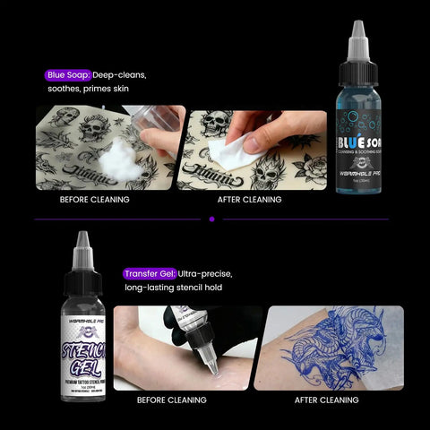 Wireless Tattoo Kit For Beginners All In One Rotary Pen Tattoo Gun Set with Blue Soap and Transfer Gel demonstration