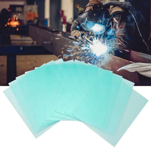 Sturdy Polycarbonate Welding Helmet Replacement Lenses, 10 Pack Clear Protective Glass Plates, 138x122mm for eye safety during welding.