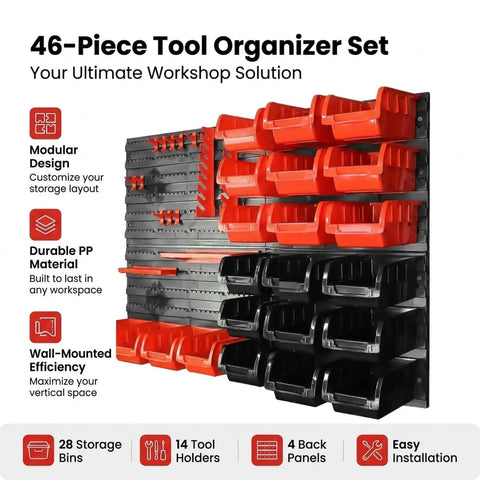 Massive Wall Mount Organizer Pegboard Rack Keeps The Shop Spotless And Sorted This Rugged Build Makes Tool Hunting A Total Breeze For Weekend Warriors Who Want Zero Fuss Setup. 46-piece set with red and black bins.