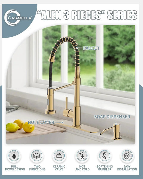 Brushed Gold Kitchen Faucet With Soap Dispenser And Deck Plate For RV And Farmhouse Sinks, Single Handle Pull Down Sprayer