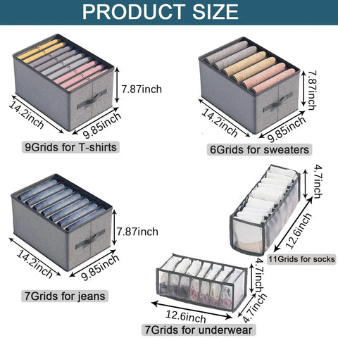 Dimensions of 5-piece Stackable Wardrobe Drawer Organizer With 6 7 9 Grids, Built-In PP Board Keeps Clothes Upright, Durable Nonwoven Fabric.