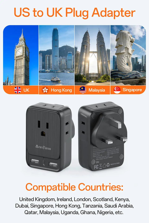 UK Travel Power Adapter Type G With 4 Outlets And 3 USB Ports USB C 7 In 1 International Travel Plug Converter with country images