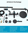 Top Shelf 304 Stainless Steel Outdoor Shower Kit With 8 Inch Rainfall Head And Handheld Sprayer In Slick Matte Black Finish parts and accessories included