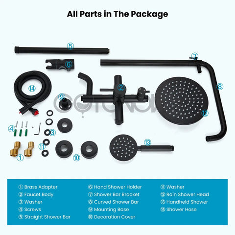 Top Shelf 304 Stainless Steel Outdoor Shower Kit With 8 Inch Rainfall Head And Handheld Sprayer In Slick Matte Black Finish parts and accessories included