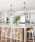 Four Light Lantern Pendant With Industrial Geometric Steel Cage And Candle-Style Bulbs, Chrome Finish Chandelier Over Kitchen Island