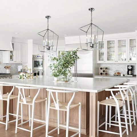 Four Light Lantern Pendant With Industrial Geometric Steel Cage And Candle-Style Bulbs, Chrome Finish Chandelier Over Kitchen Island
