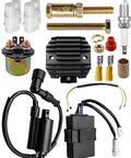 Ignition Coil Kit With CDI Box Regulator Rectifier Starter Solenoid Relay And Spark Plug For Bayou ATV 1988 To 2004 Replacement 21121-1049 21119-1369 21119-1241 21119-1302 components displayed